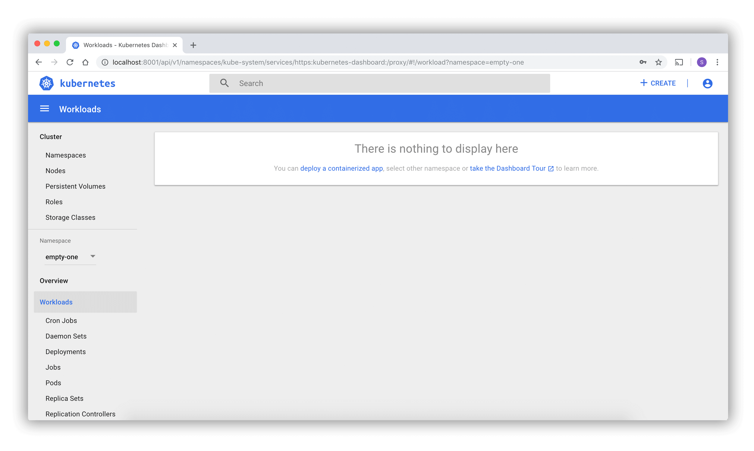 Página de boas-vindas do painel do Kubernetes